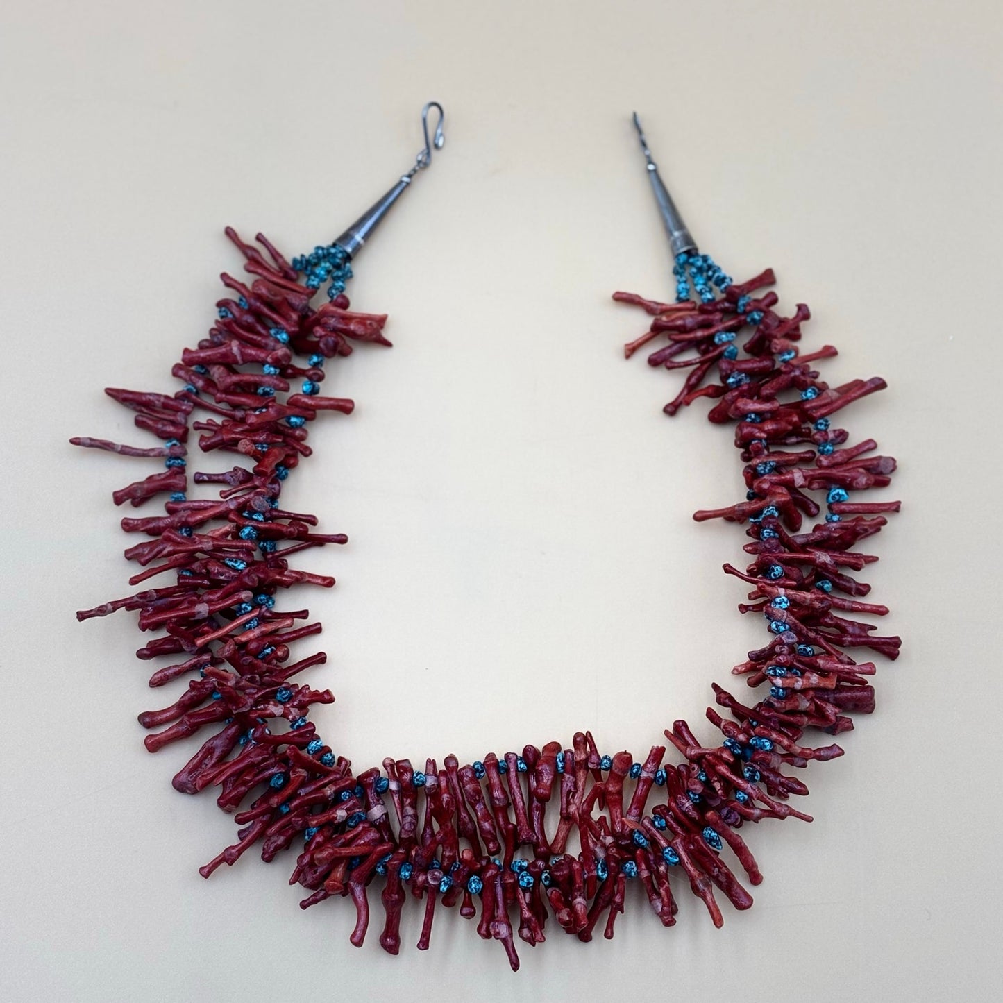 Bold Three-Strand Red Coral Branch & Turquoise Statement Necklace – 18.5″