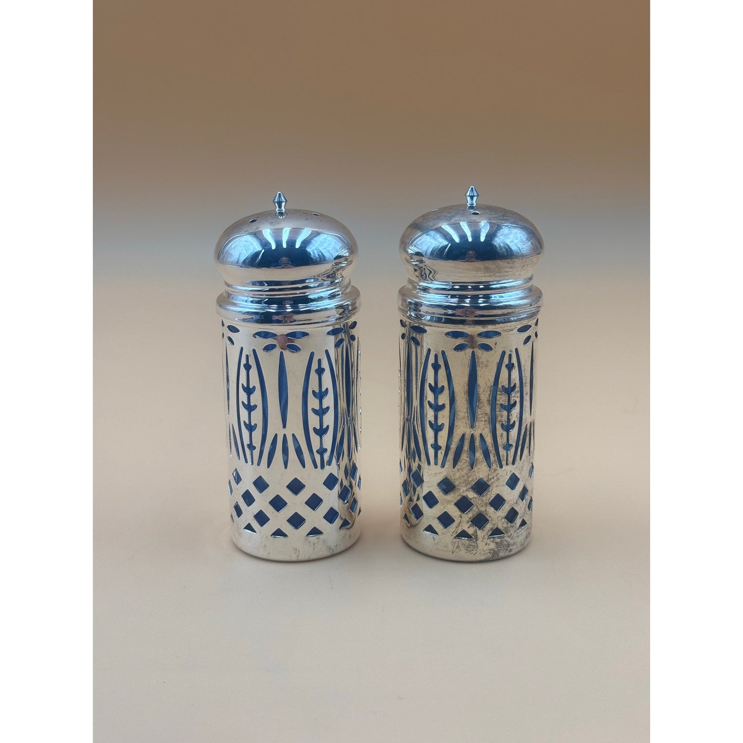 Sapphire Blue Glass Salt and Pepper Shakers with Silver Overlay