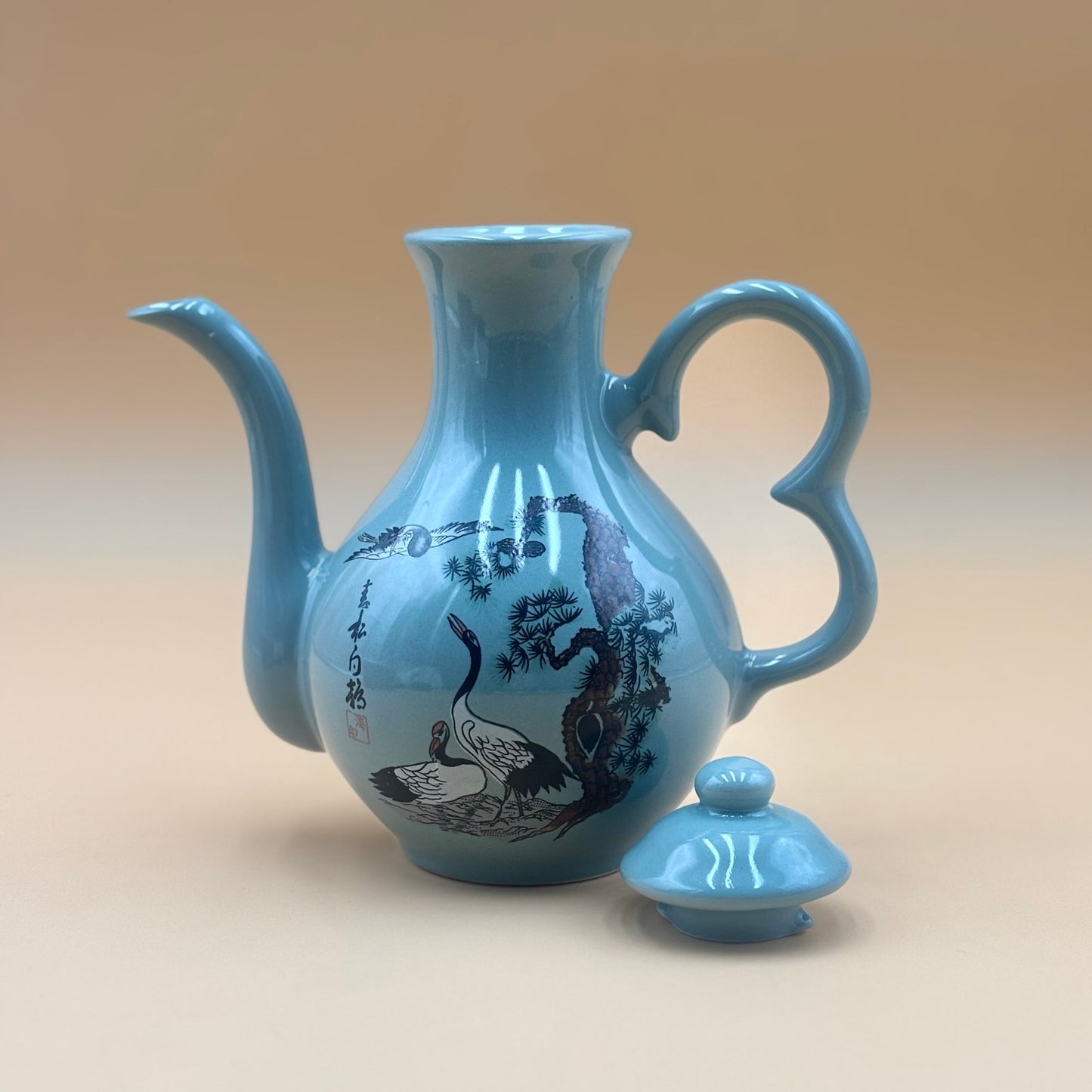 Sage Green Vintage Japanese Sake Pitcher with Bird Motif