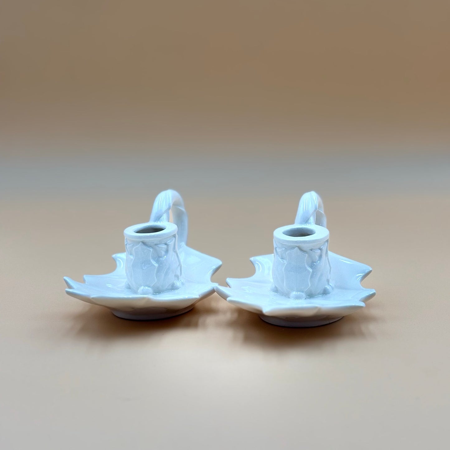 White Ceramic Holly Leaf Candlestick Holders – Pair