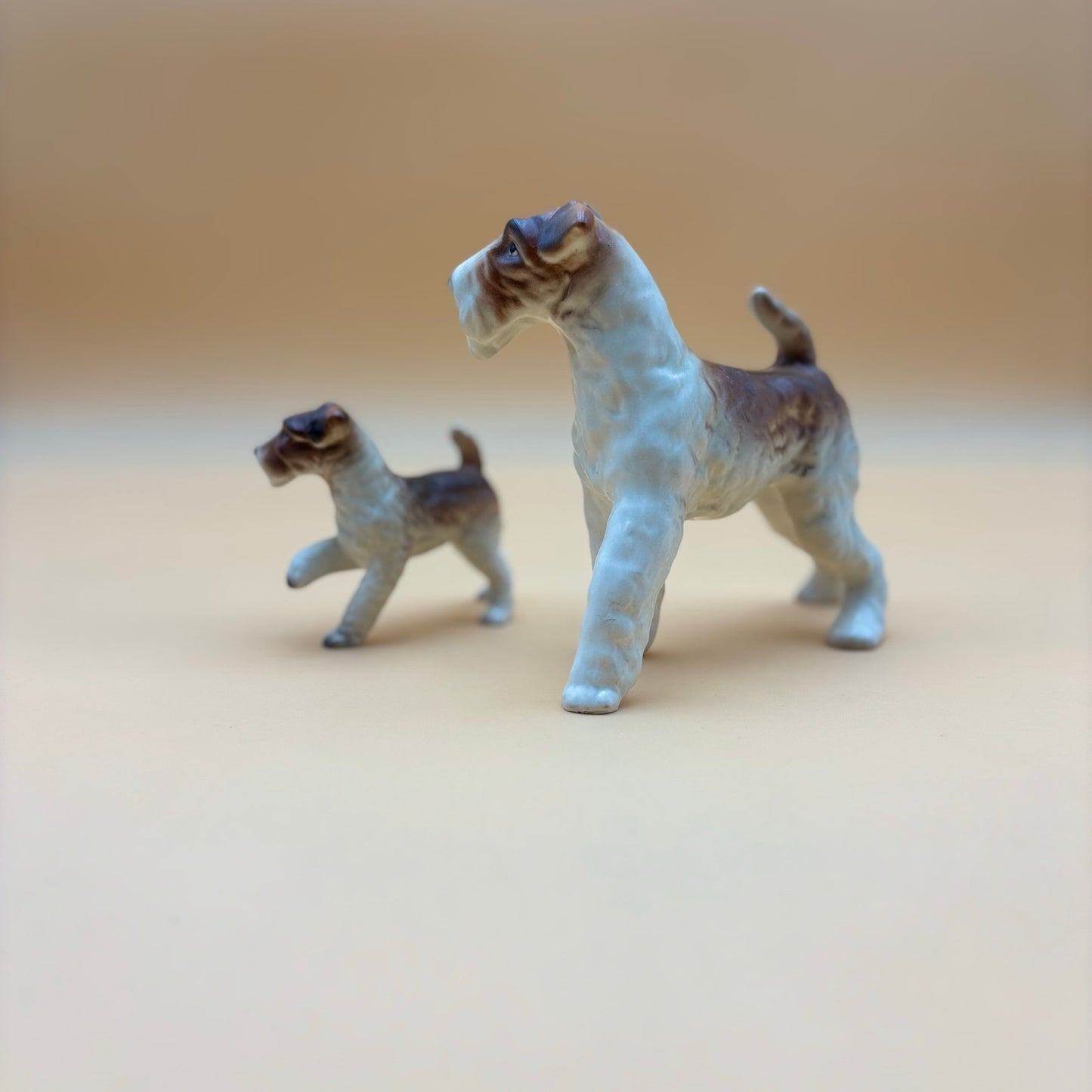 Vintage Lifelike Playful Porcelain Wire Fox Terrier Dog Figurines Set