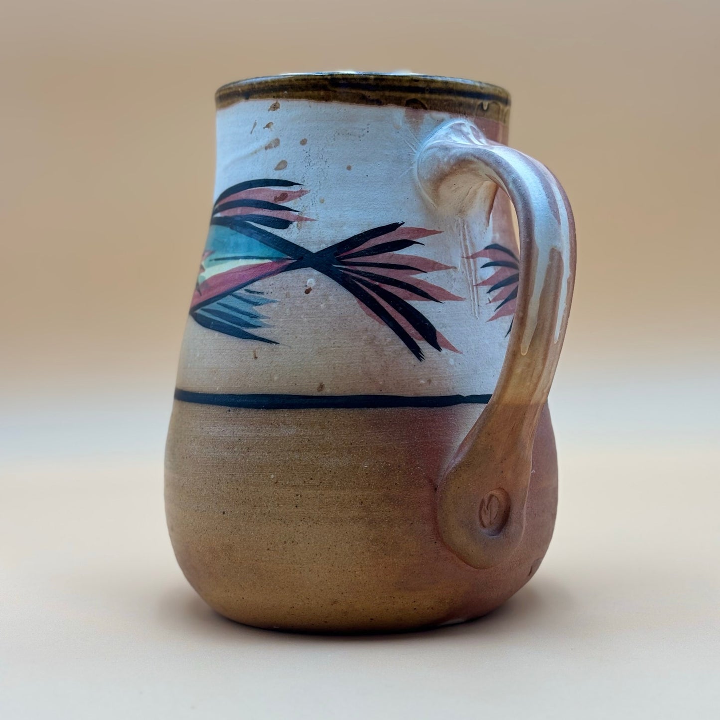 Studio Pottery Fish Pitcher with “M” Handle Mark – Hand-Painted 8″