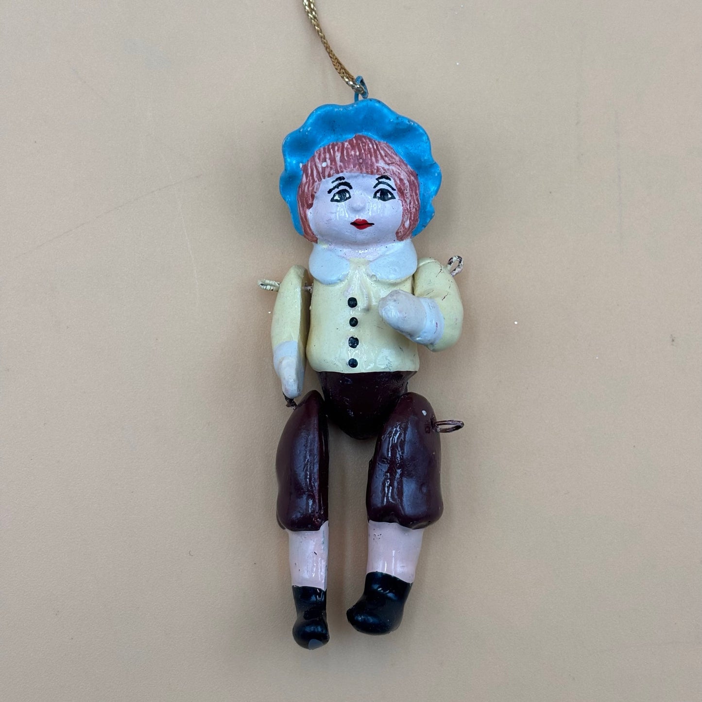 Vintage Hand-Painted Wooden Boy Ornament – Articulated Limbs – 4.25"