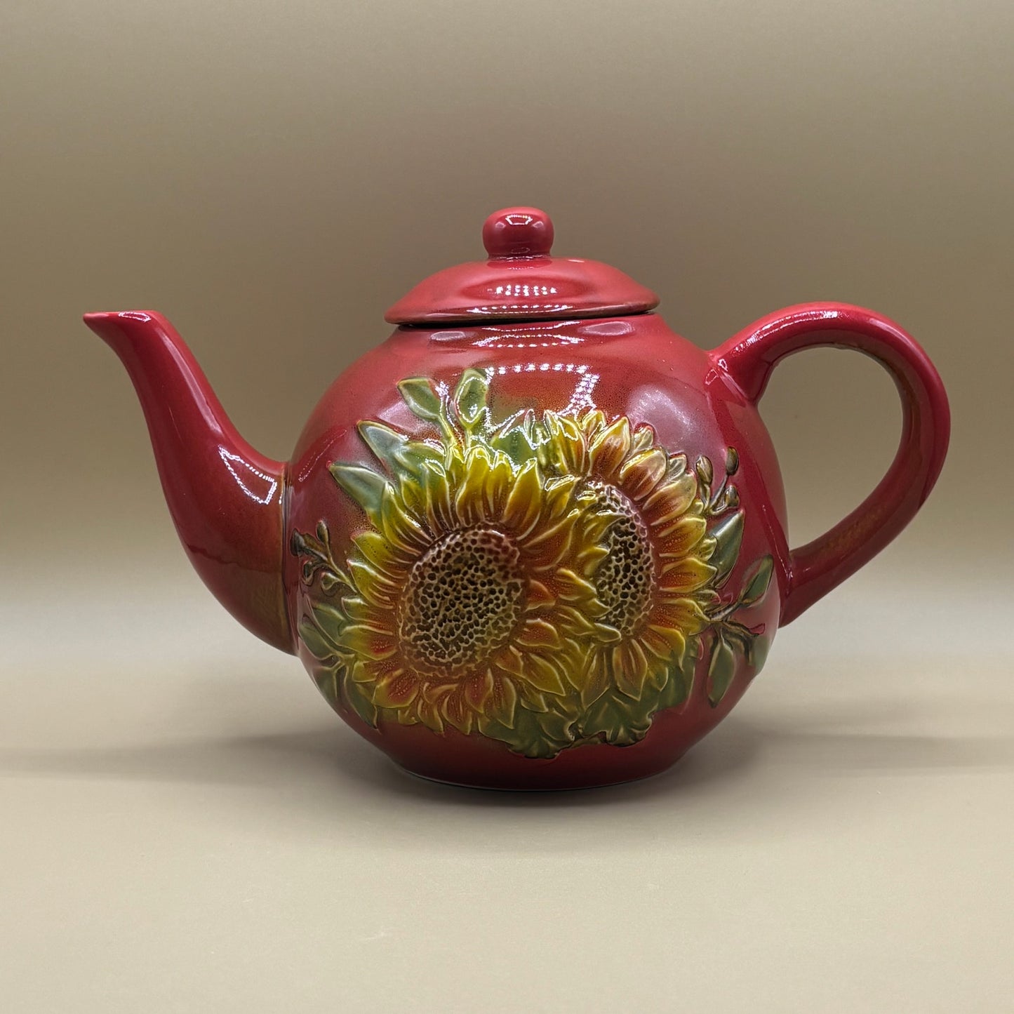 📦 Burton+Burton Red Sunflower Ceramic Teapot Collectible Home Decor