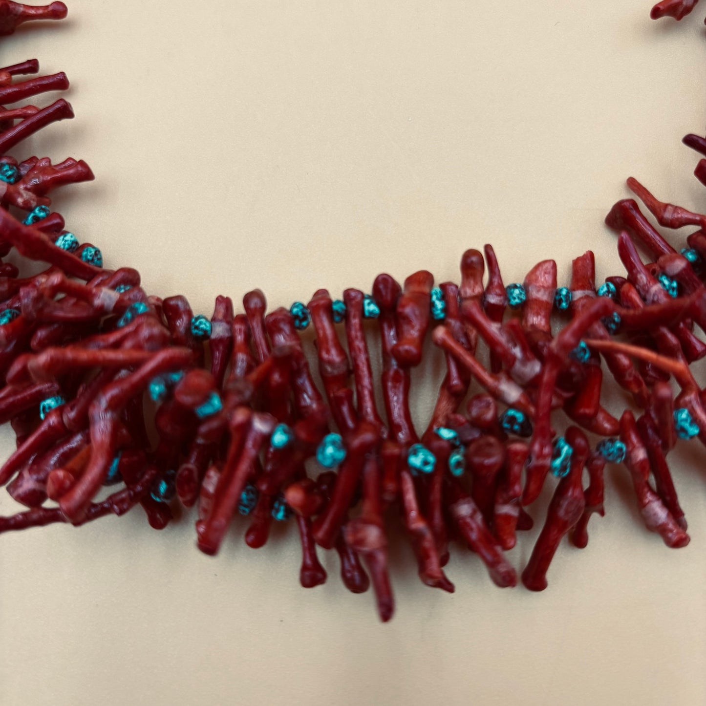 Bold Three-Strand Red Coral Branch & Turquoise Statement Necklace – 18.5″