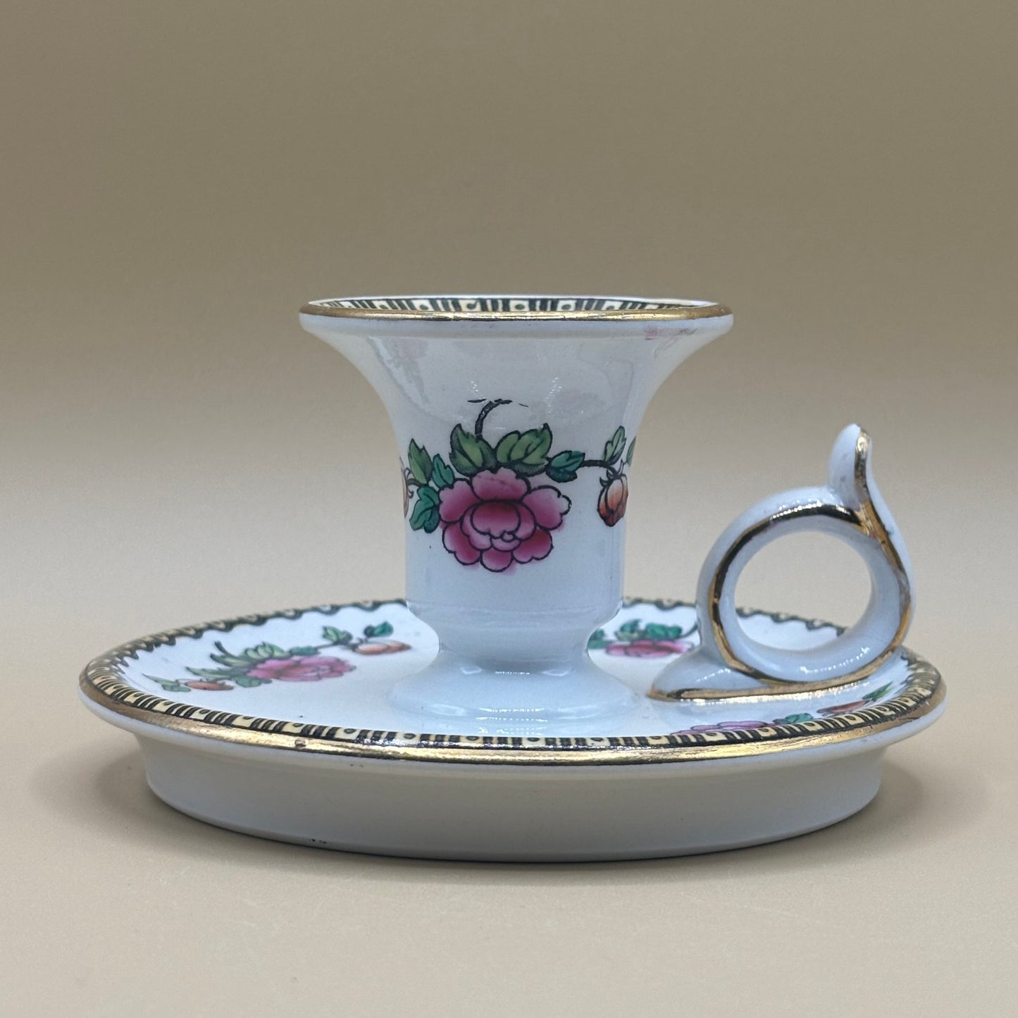 VTG Porcelain Finger Candlestick Holder - Pink Rose & Gold Trim