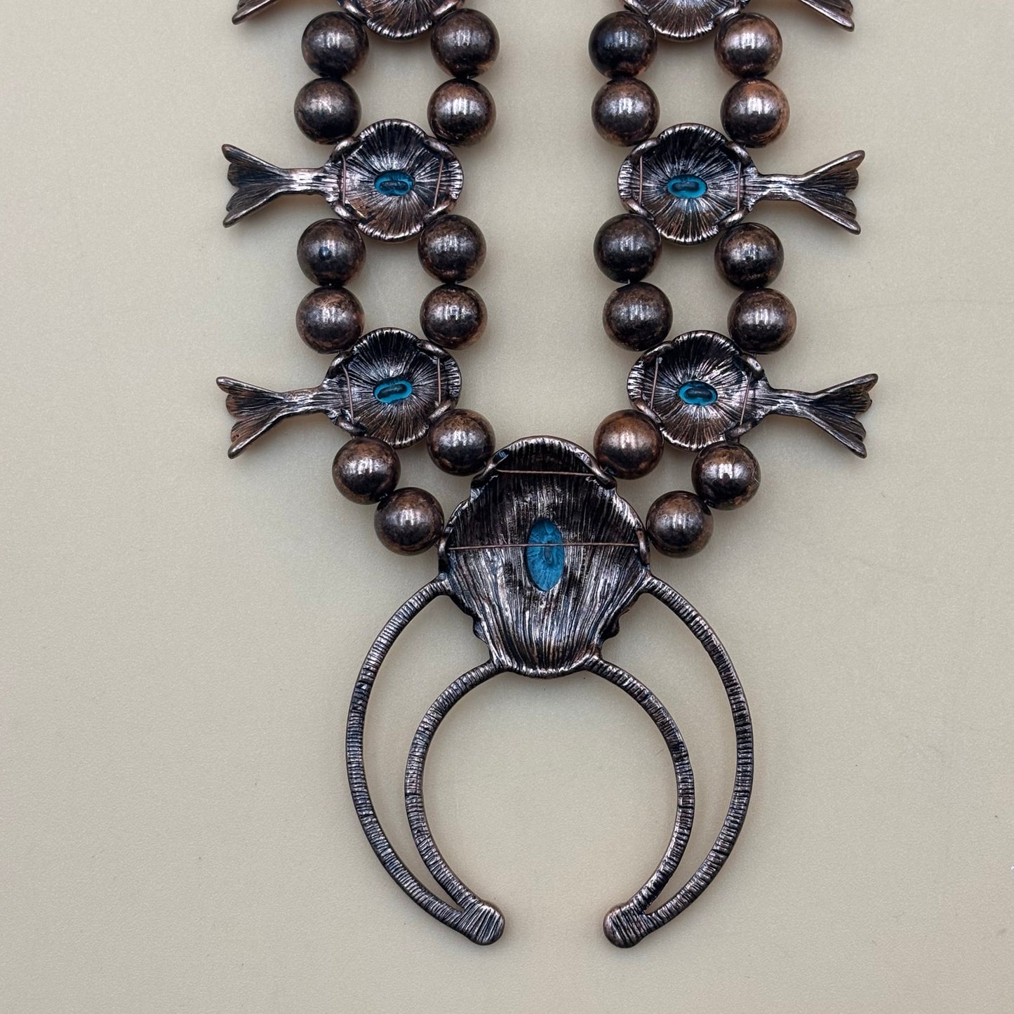 Boho Faux Turquoise Squash Blossom Necklace Copper-Tone Western Statement