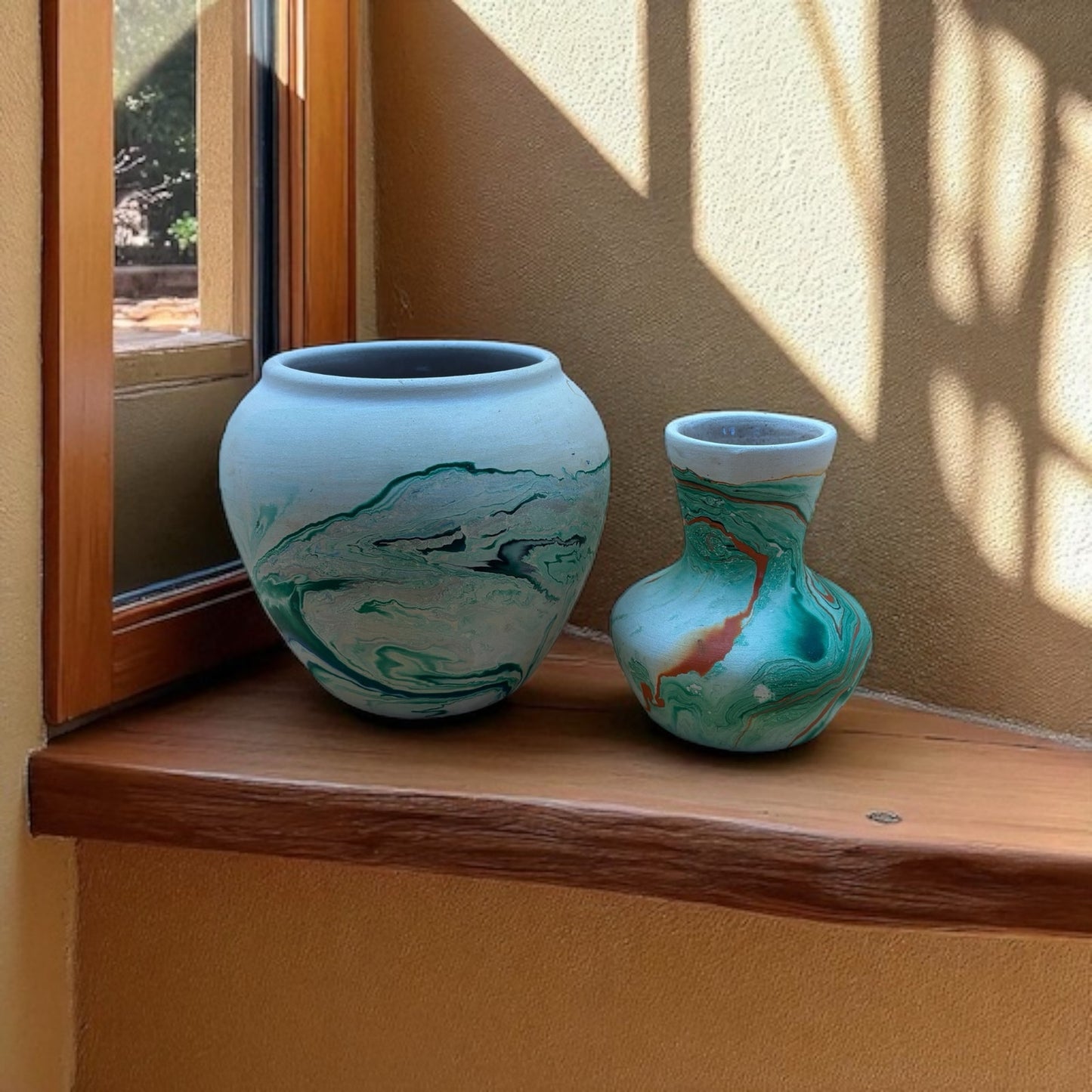 Pair of Vintage Nemadji Pottery Vases – Swirled Green, Blue & Orange Clay