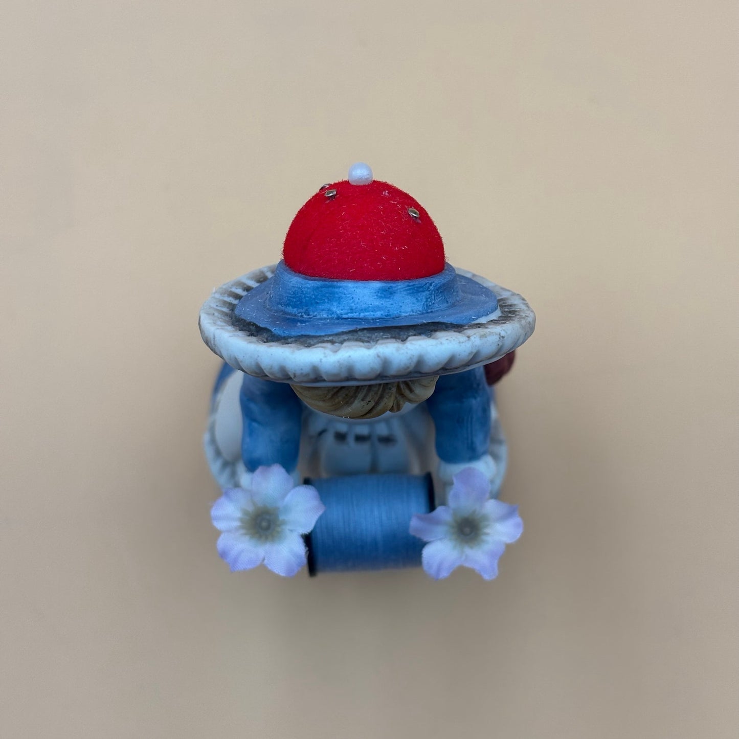 Porcelain Vintage Sewing Girl Figurine with Thread and Pin Cushion Hat