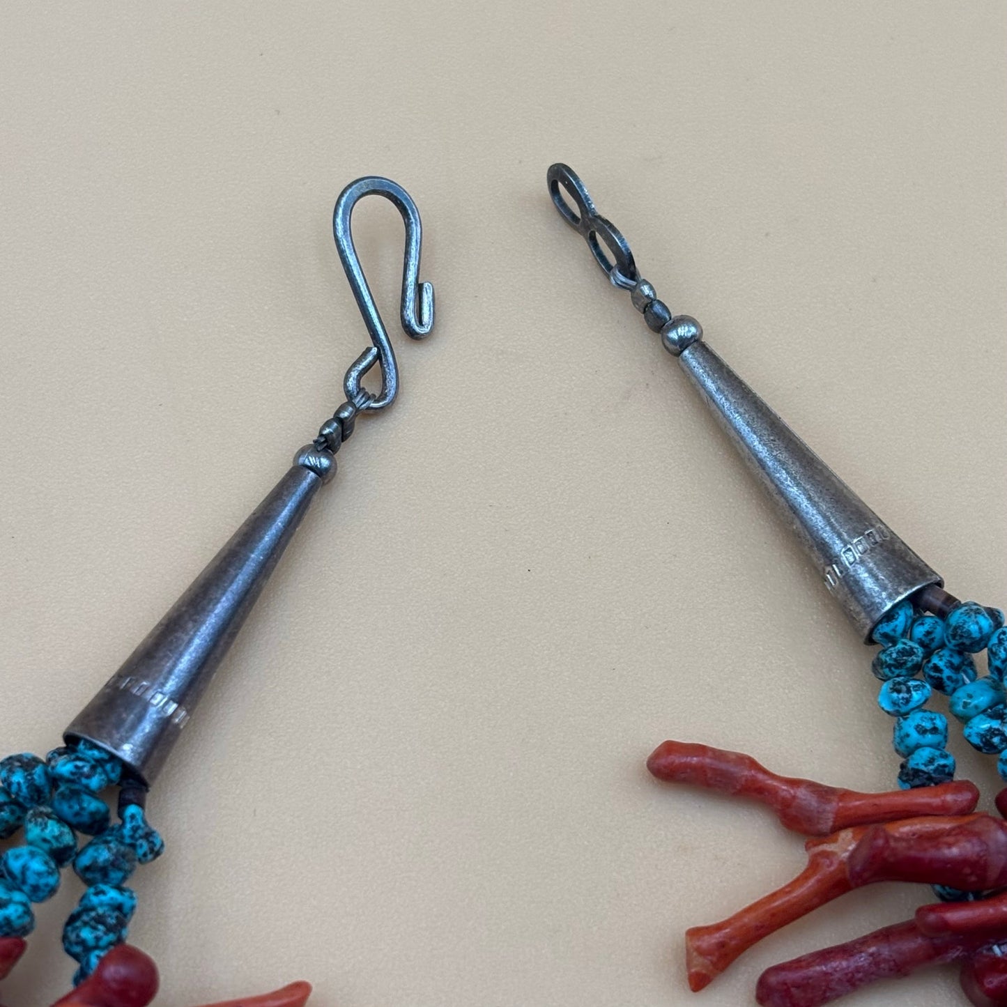 Bold Three-Strand Red Coral Branch & Turquoise Statement Necklace – 18.5″