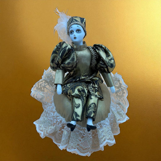 Gold & Black Porcelain Clown Musical Rotating Doll
