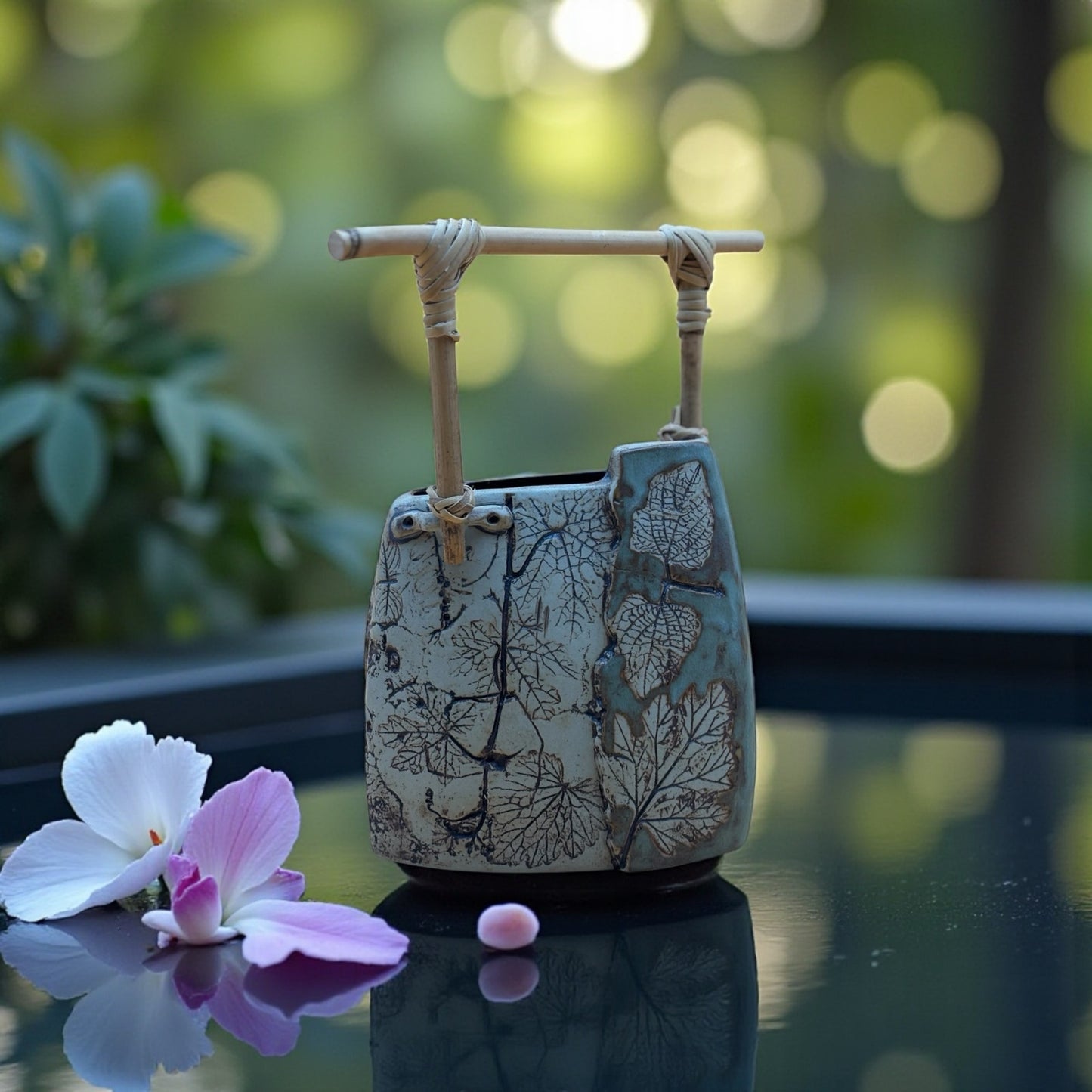 Malaysia Handicraft Tenmoku Pottery Vase with Bamboo Handle