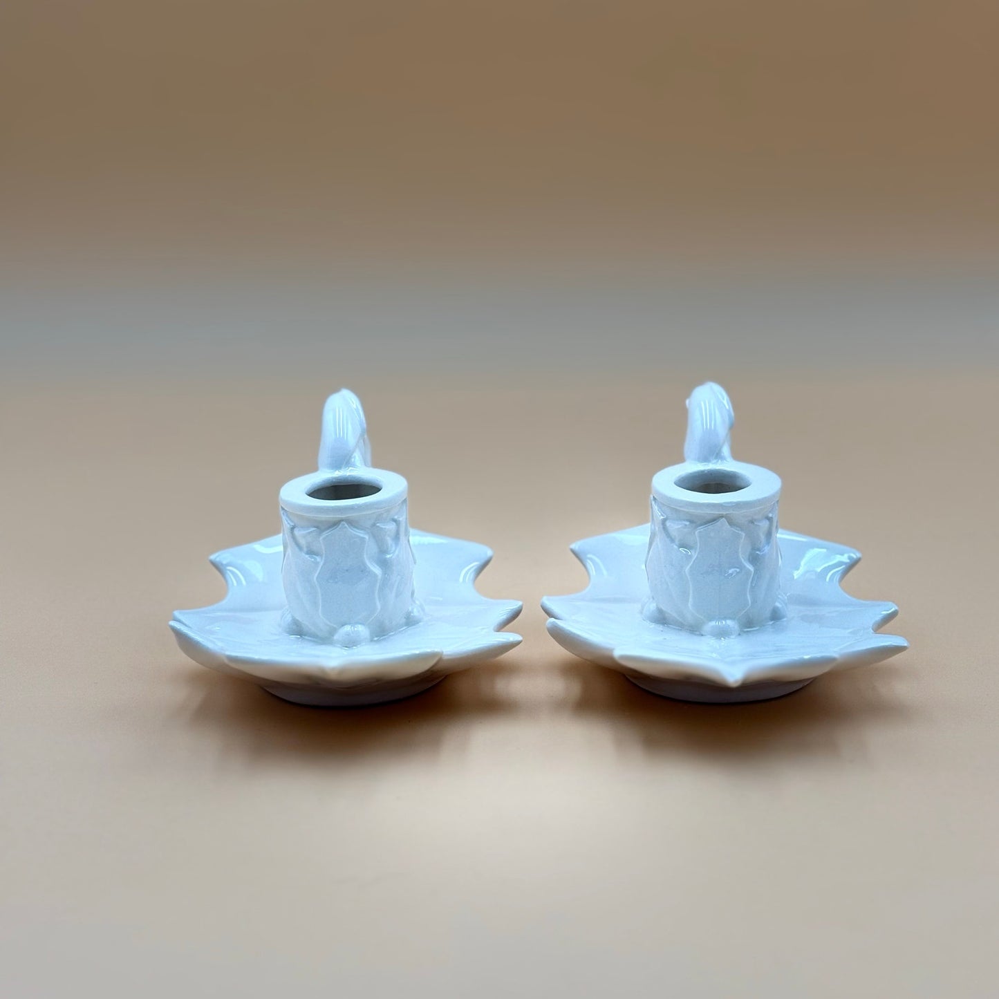 White Ceramic Holly Leaf Candlestick Holders – Pair