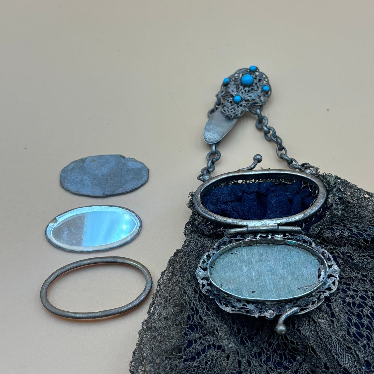 Antique Clip-On Purse with Mirror – Olive Green Lace & Blue Cloth Lining