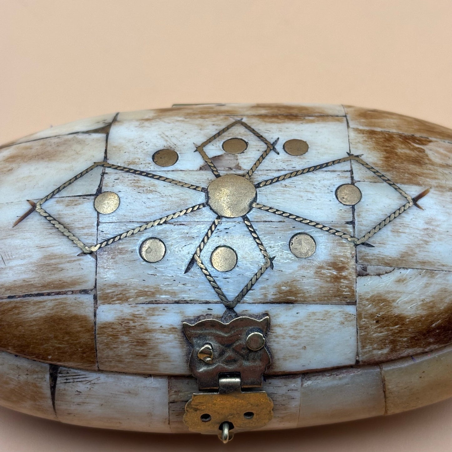 Vintage Indian Bone Inlay Trinket Box with Blue Velvet Lining – Handmade Art No. P187