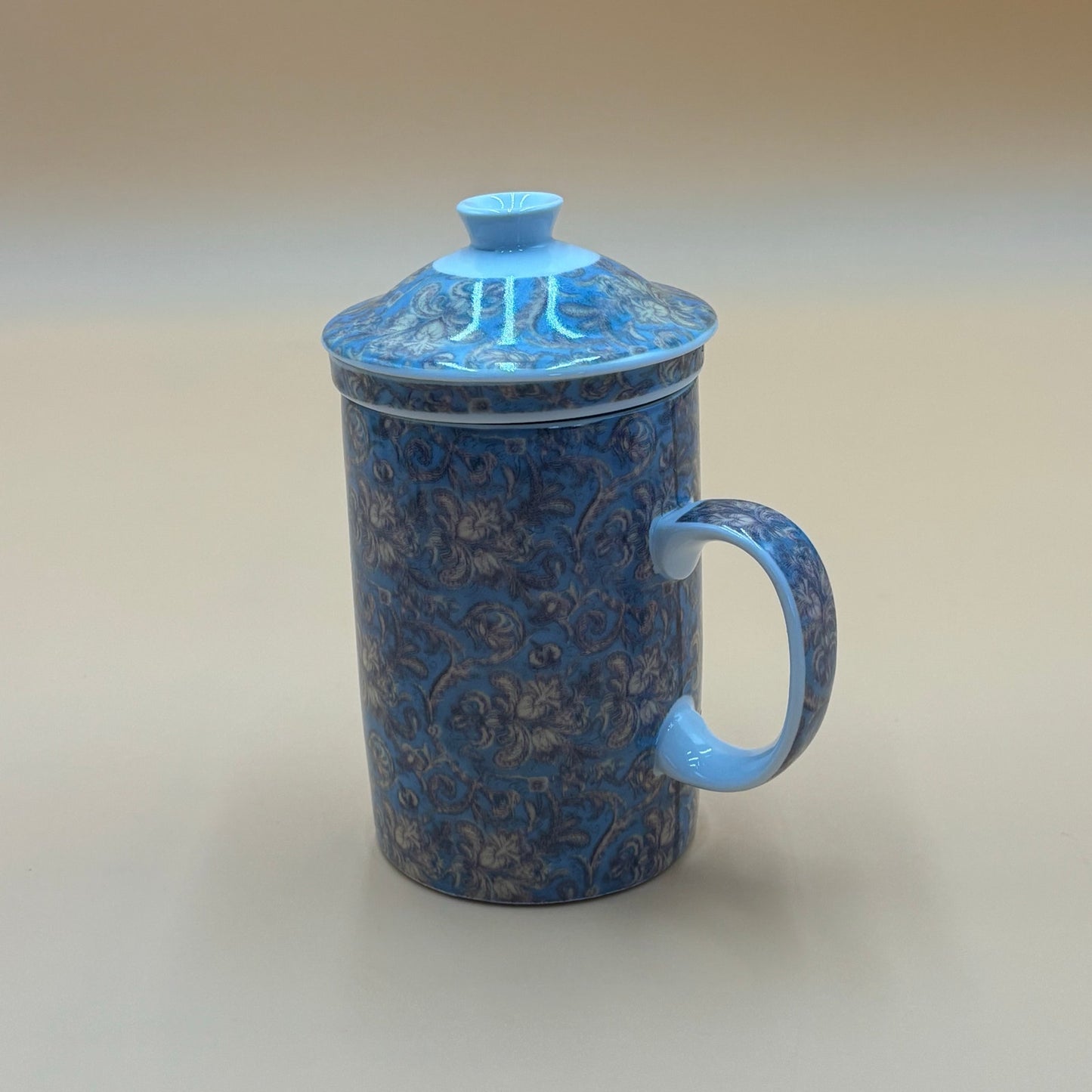 World Market Porcelain Tea Mug with Lid & Infuser – Blue & Gold Floral Damask