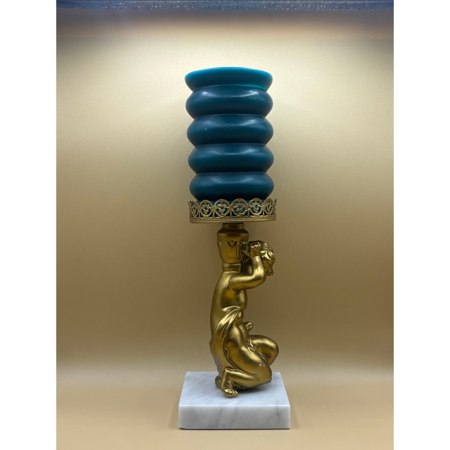 Vintage Metal, Gold Cherub Candle Holder with Marble Base 7.5 Inches Tall