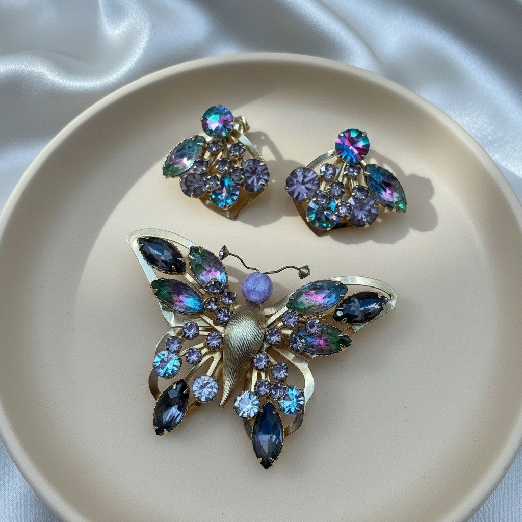 Selro Selini Watermelon Rhinestone Butterfly Brooch & Earrings – Rare Set