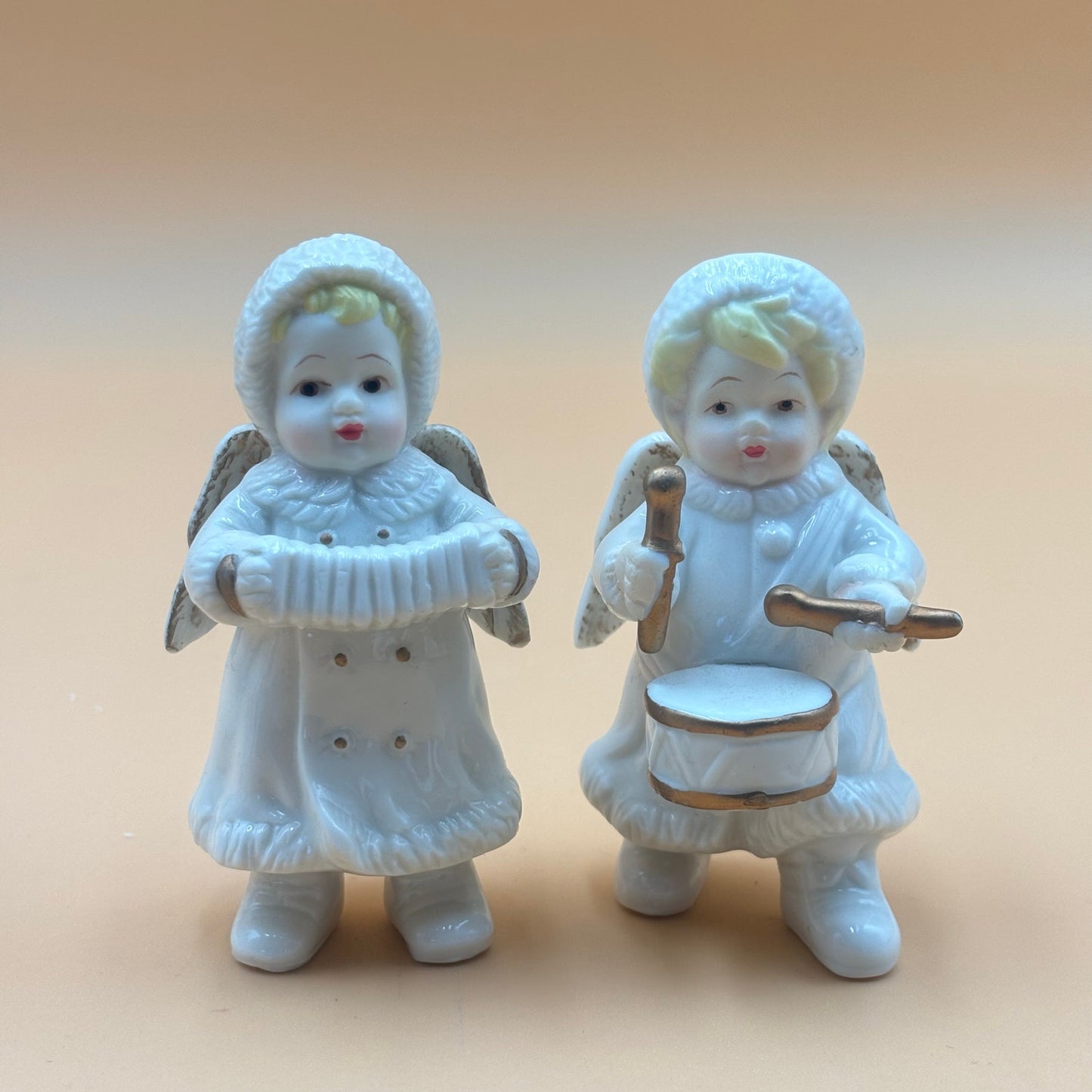 Set of 5 Vintage Ceramic Winter Angels with Gold Accents