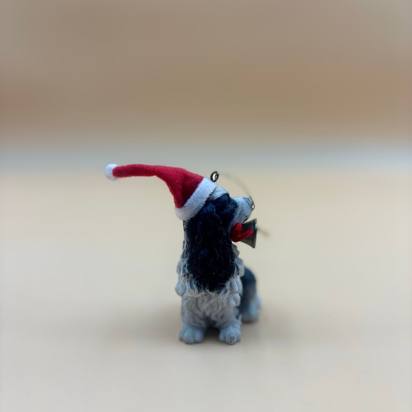 Black & White Spaniel Dog Ornament with Santa Hat