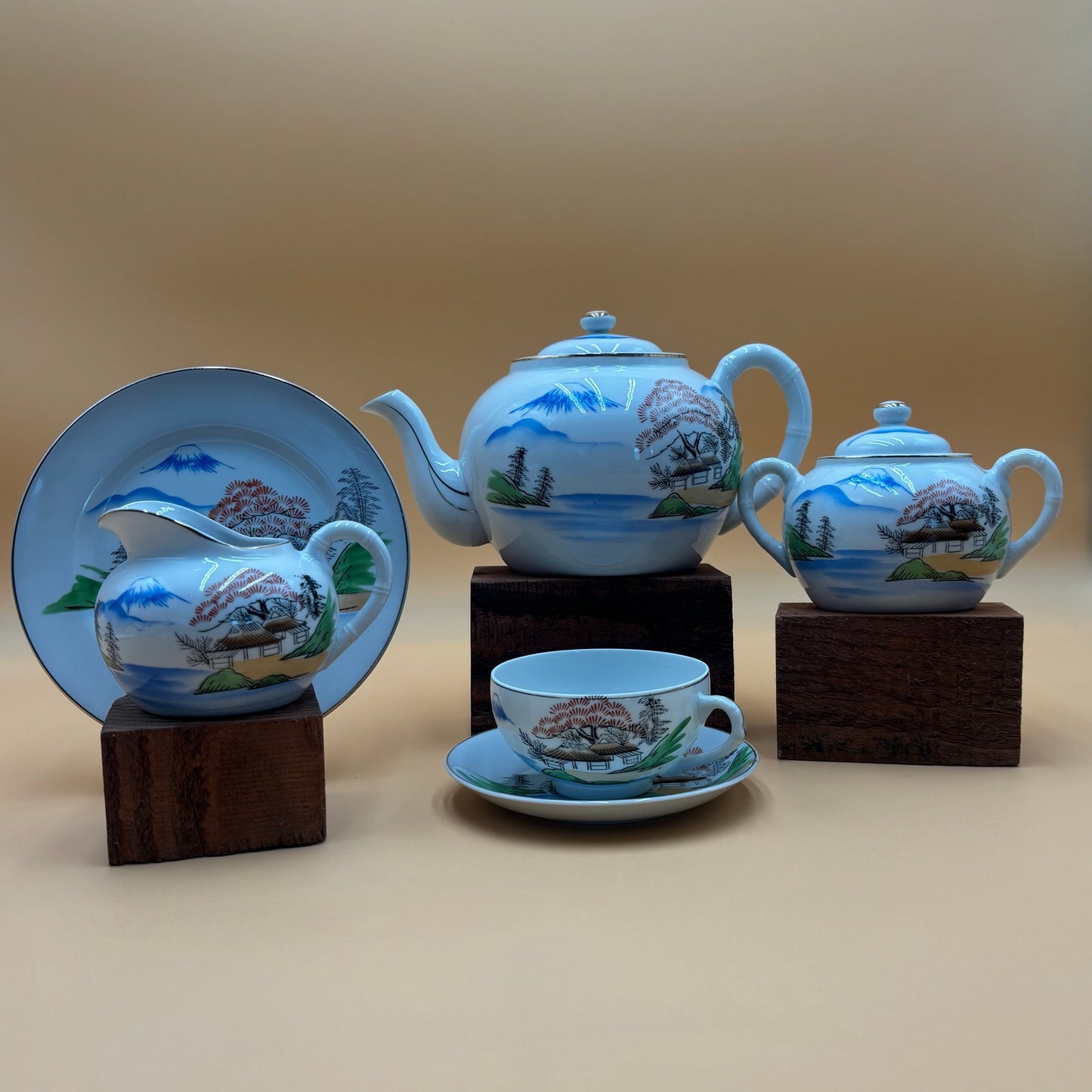 Vintage Ritz China Hand Painted Japanese Tea Set - Mt. Fuji Scene 18 Pieces