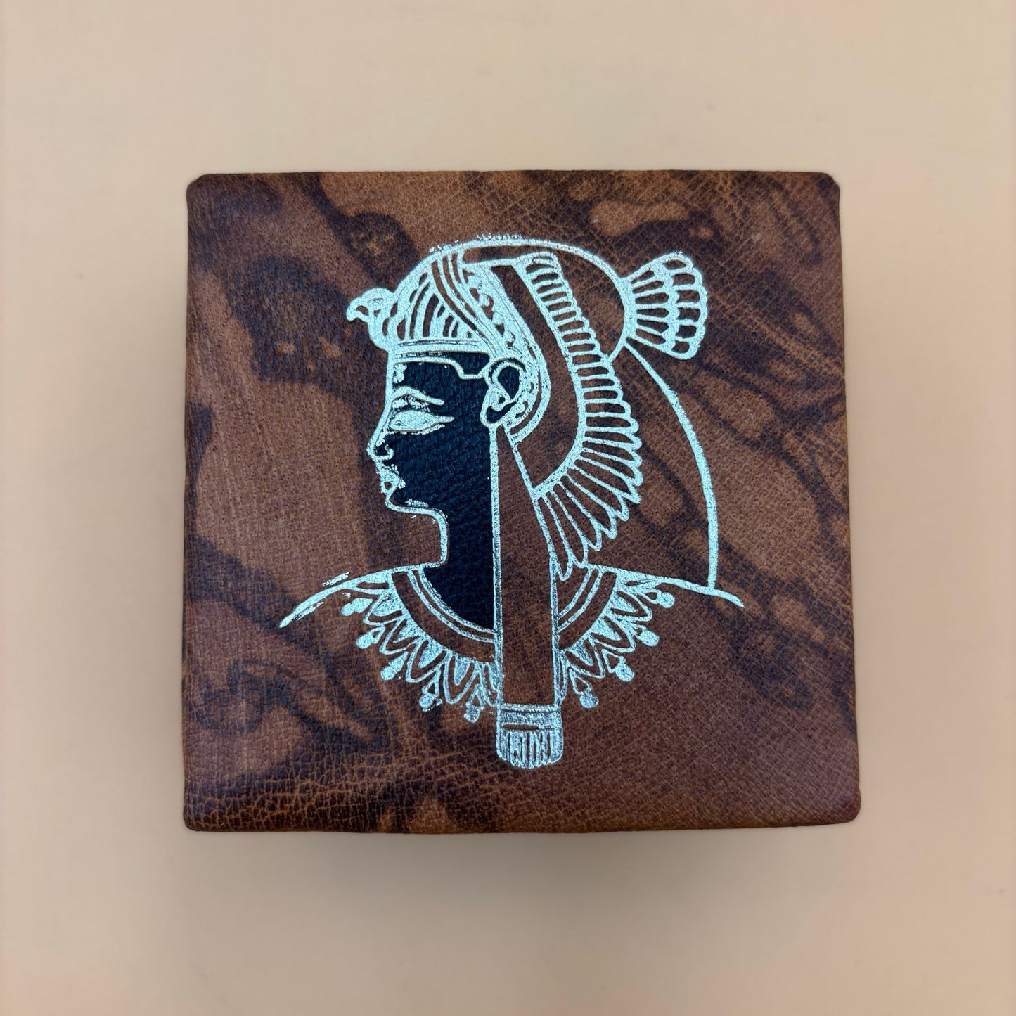 VintaEgyptian Leather Jewelry Boxes Set of 3 with Silver Embossed Designs & Red Felt Lining