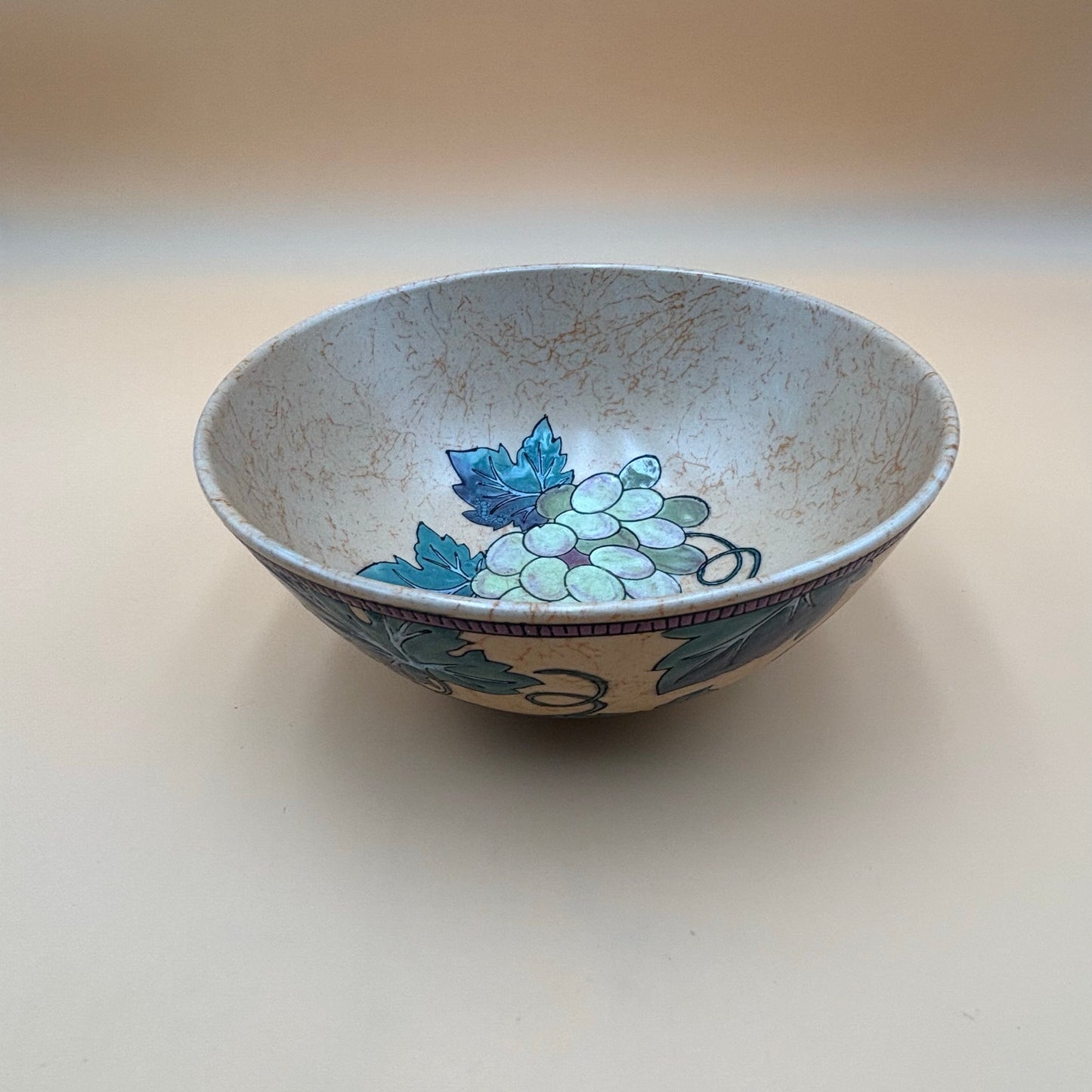 Vintage Crackle Glaze Hand-Painted Ceramic Bowl with Cardinal and Grape Design