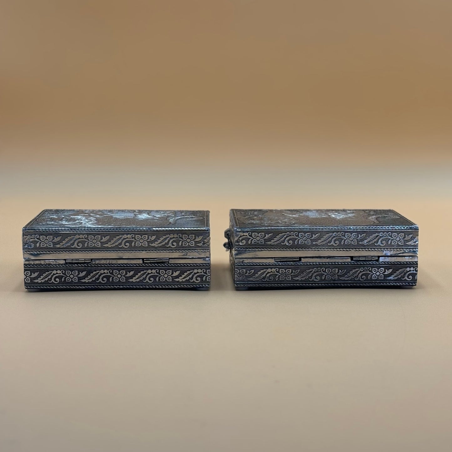 Pair of Handcrafted Indian Tiger Jewelry Boxes with Purple Velvet Interior