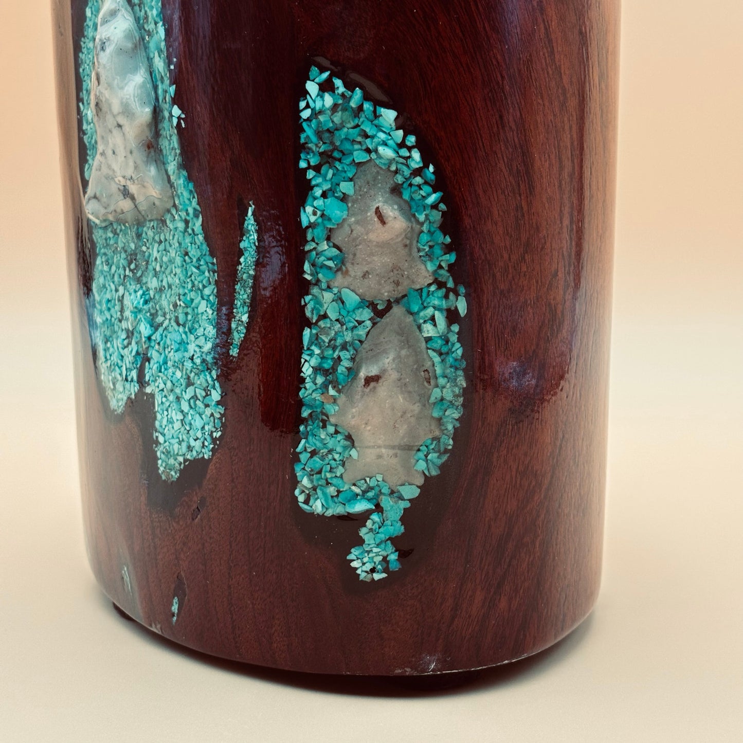 Hand-Carved Burlwood Vessel with Turquoise & Arrowhead Inlay