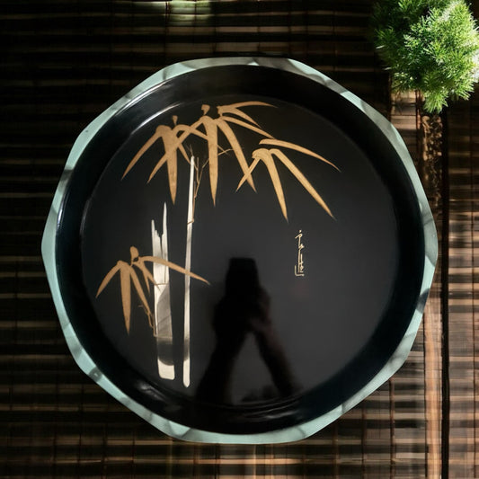Vintage Black Lacquer Bamboo Tray with Decorative Green Rim – 12¼″