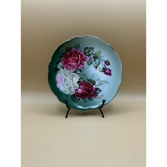 Lot of 3 VTG Green Plates with Pink and White Roses 6"