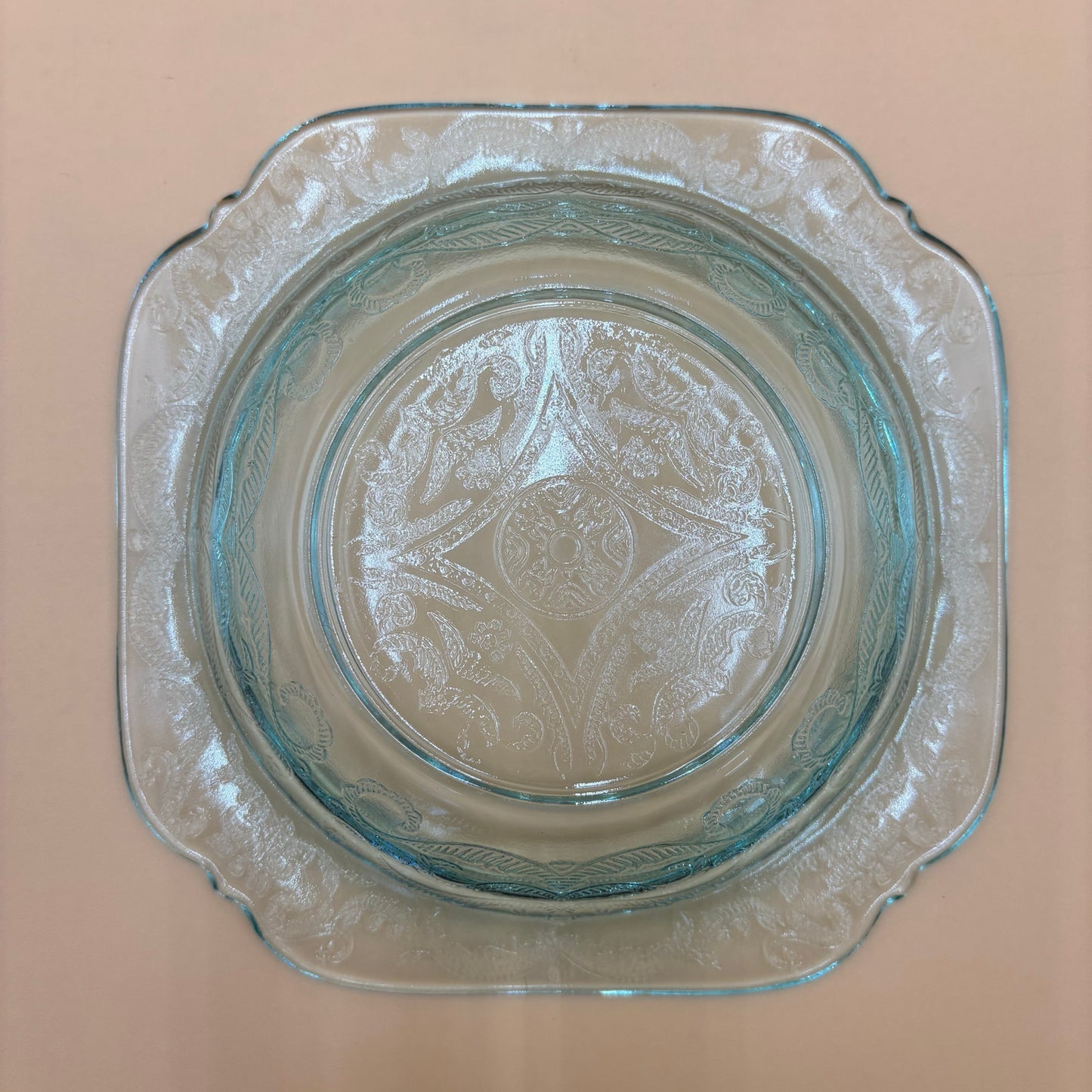 Depression Glass Butter Dish – Aqua Blue Etched Dome with Square Base
