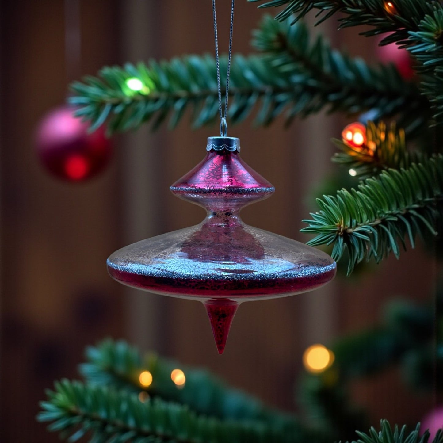 Tinsel Town Hand-Blown Glass Finial Ornament with Box Red & Silver