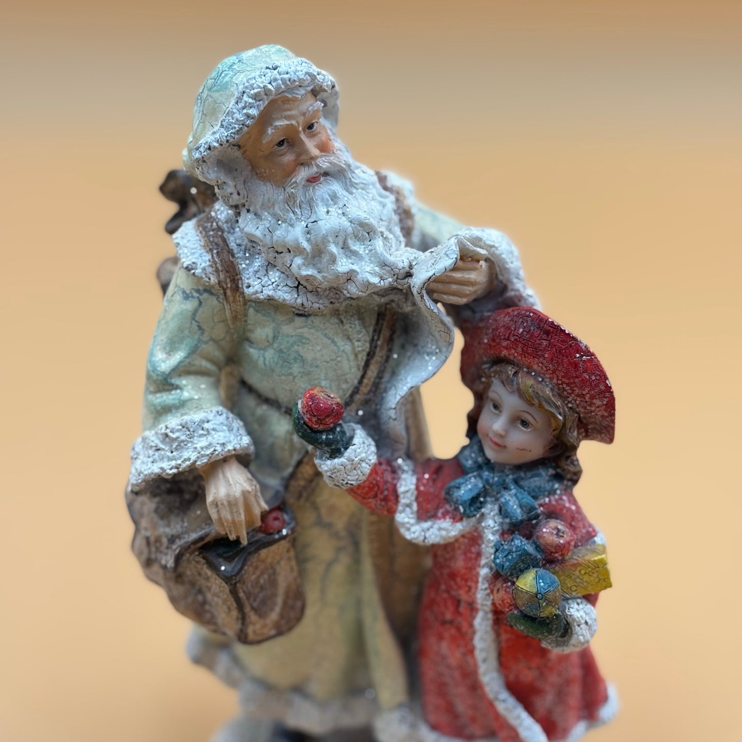 Vintage Crackle Santa and Girl Figurine with Glitter Finish