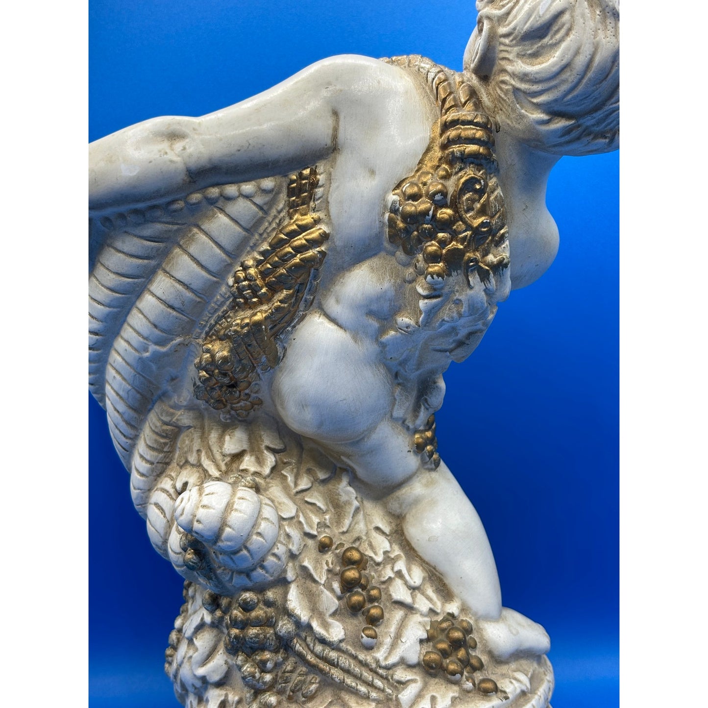 VTG Chalkware Angel Cherub with Cornucopia Garden Statue - Ivory & Gold Accent