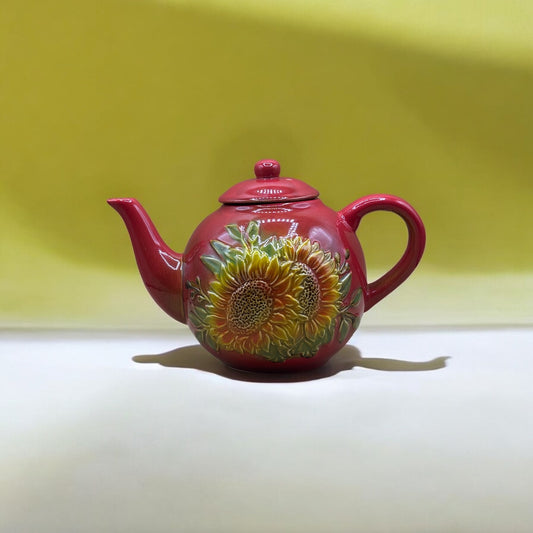 📦 Burton+Burton Red Sunflower Ceramic Teapot Collectible Home Decor