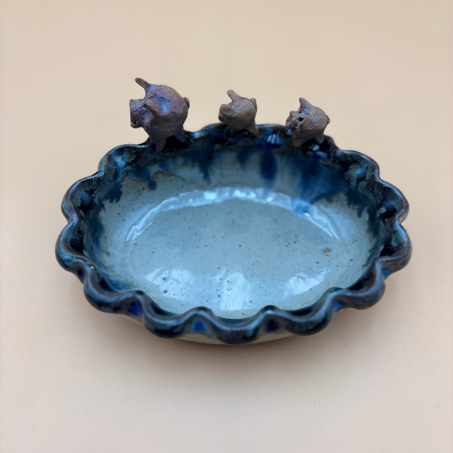 Handmade Pig Trio Blue & Brown Glazed Pottery Bowl
