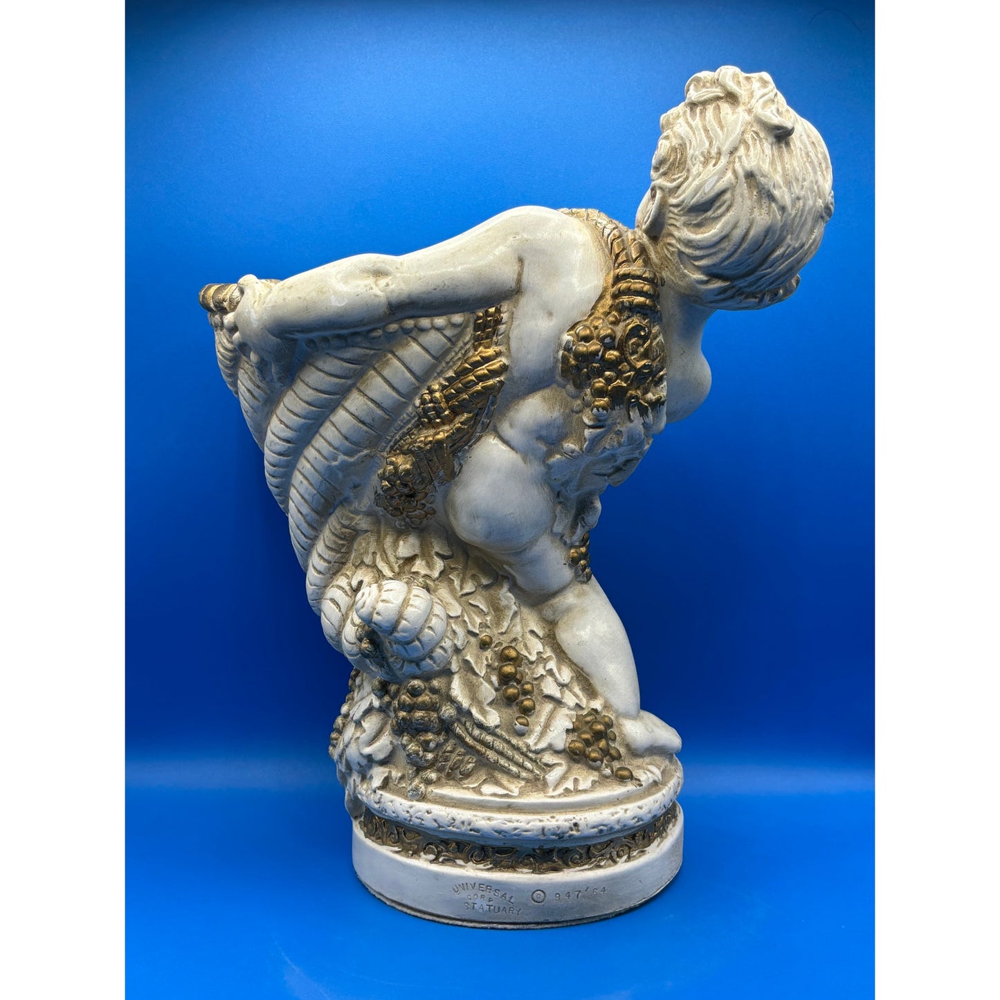 VTG Chalkware Angel Cherub with Cornucopia Garden Statue - Ivory & Gold Accent