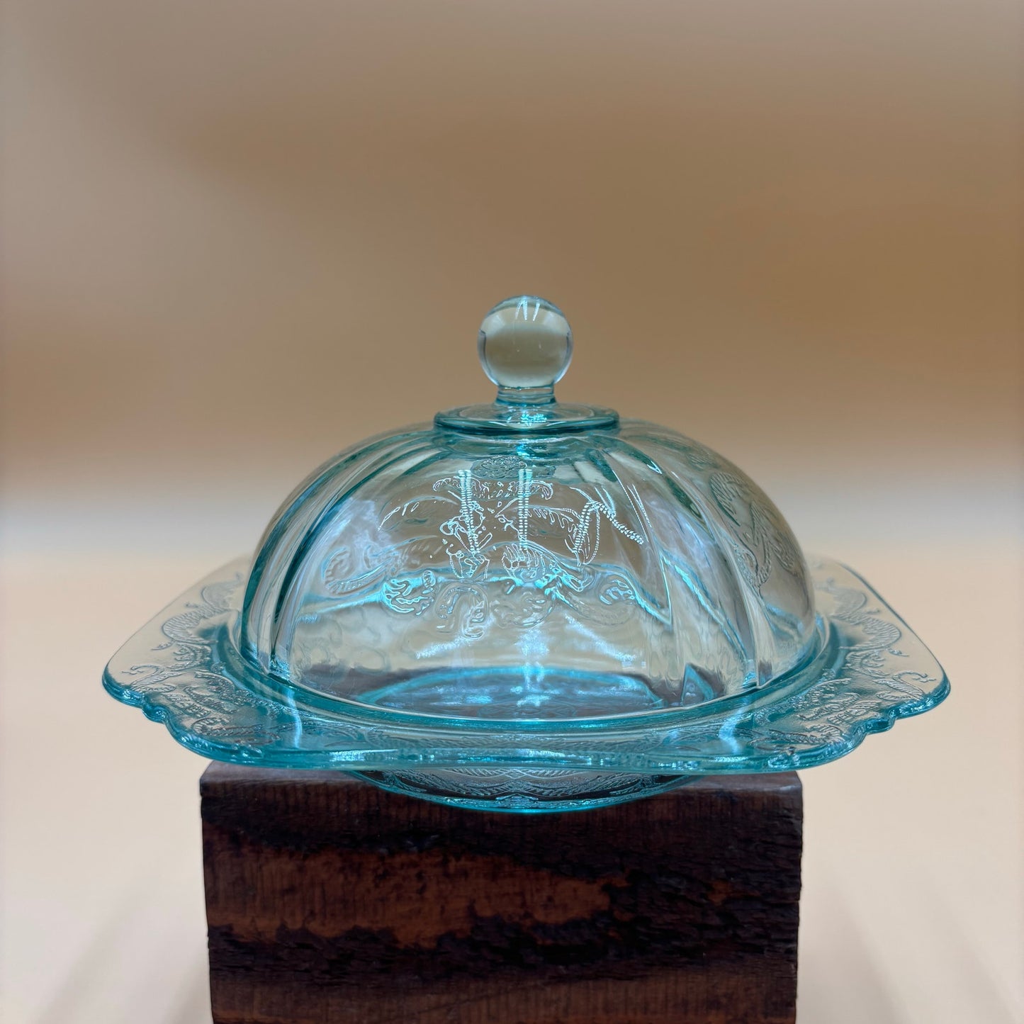 Depression Glass Butter Dish – Aqua Blue Etched Dome with Square Base