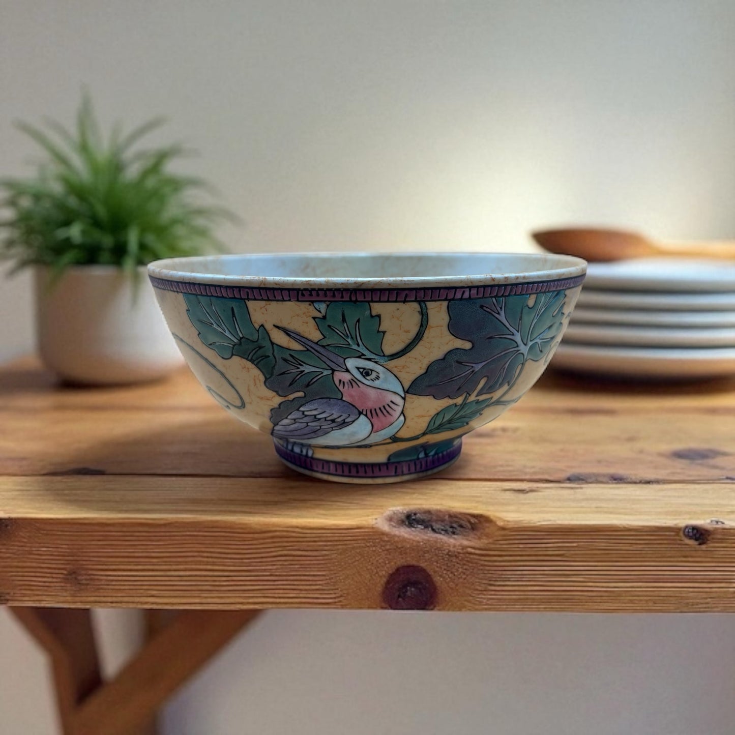 Vintage Crackle Glaze Hand-Painted Ceramic Bowl with Cardinal and Grape Design