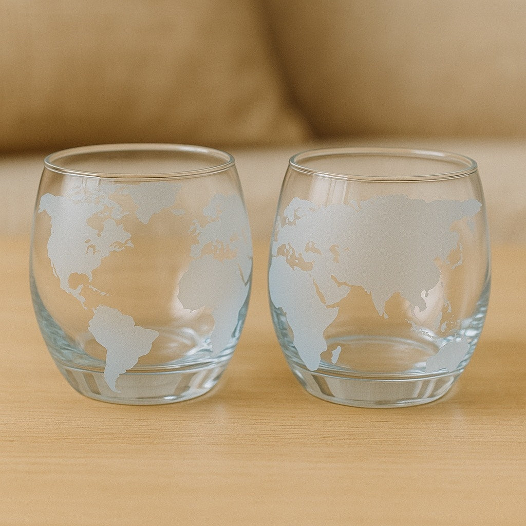 Pair of Unique Etched Globe Glasses – Frosted World Map Design