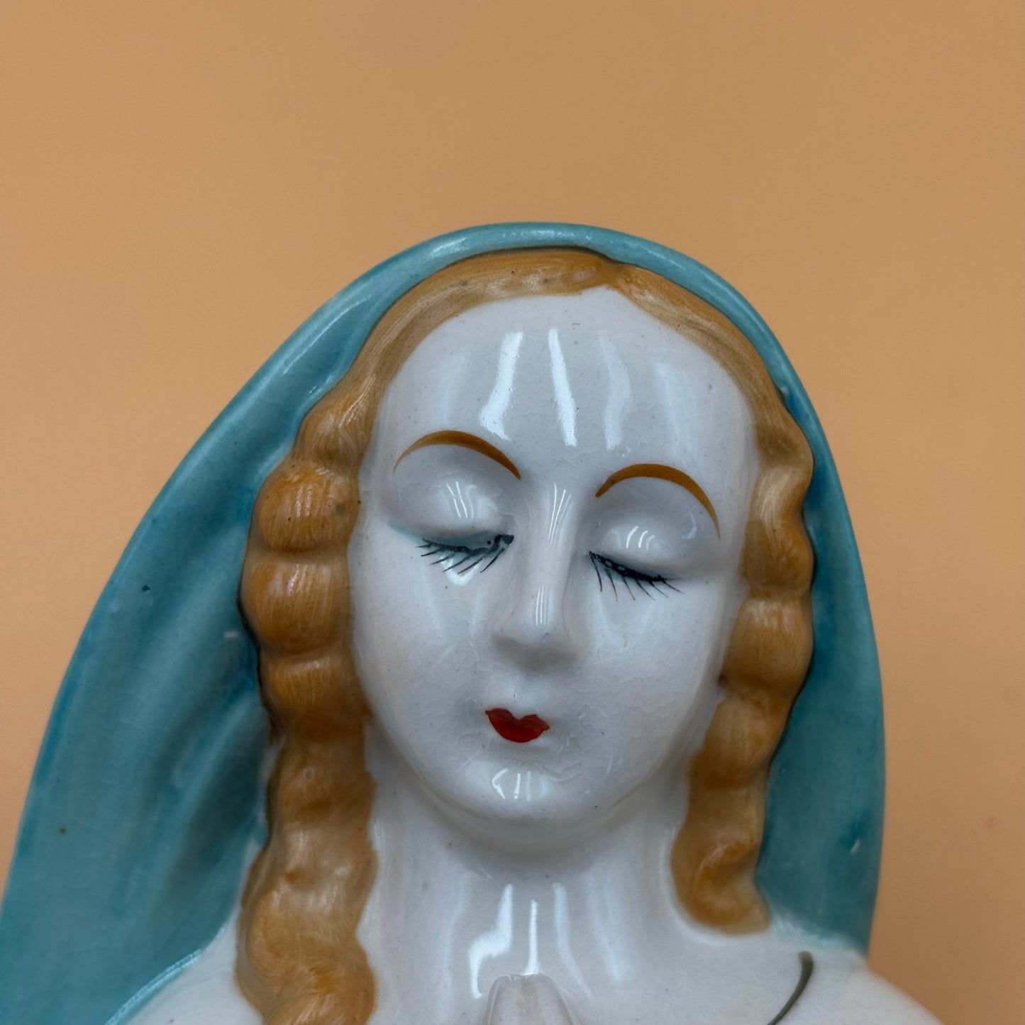 Hand Decorated Japan Virgin Mary Planter — Turquoise & White Ceramic