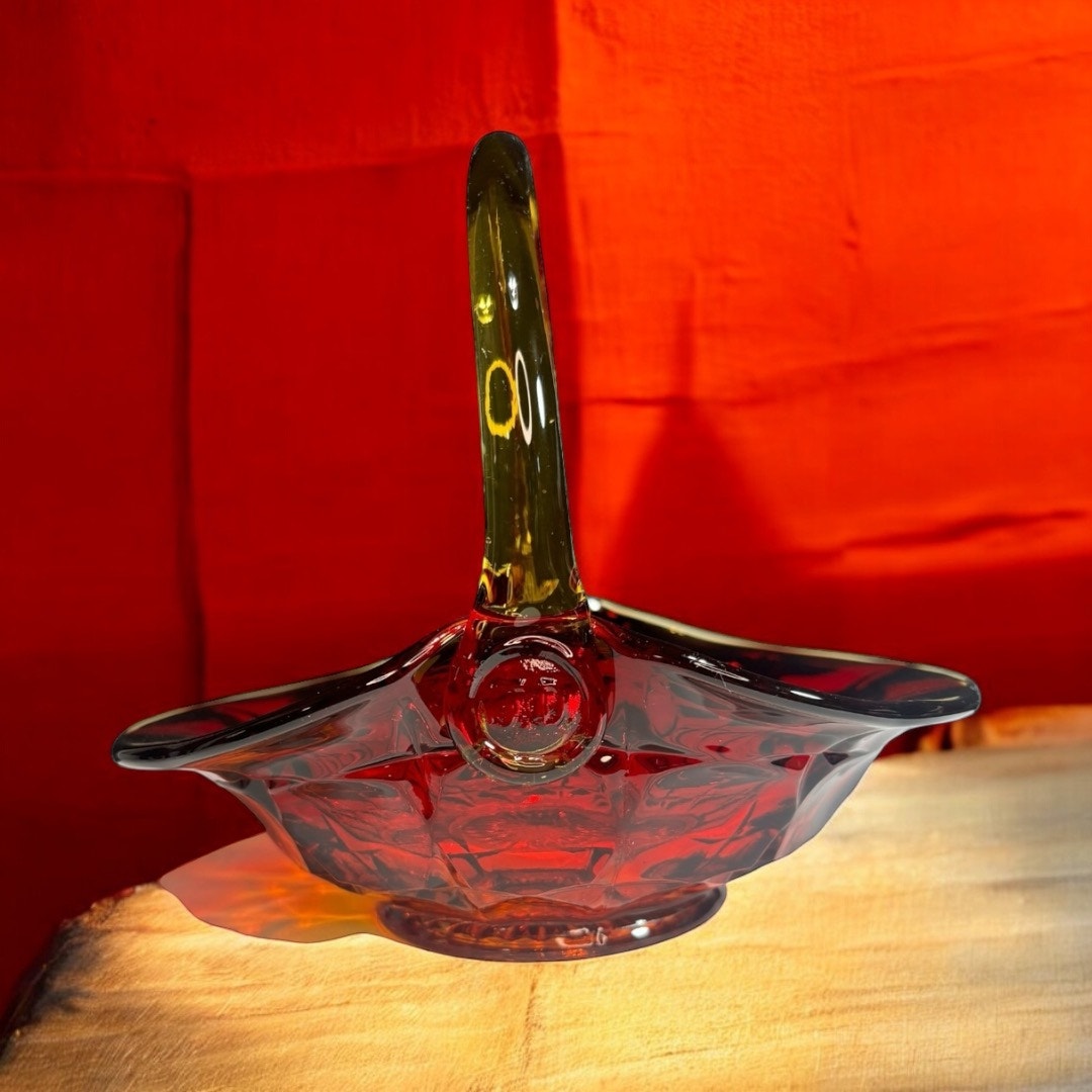 Amberina Tiara Glass Basket Sunset Constellation Pattern Red to Orange Ombré 8” Vintage J.D. Handle