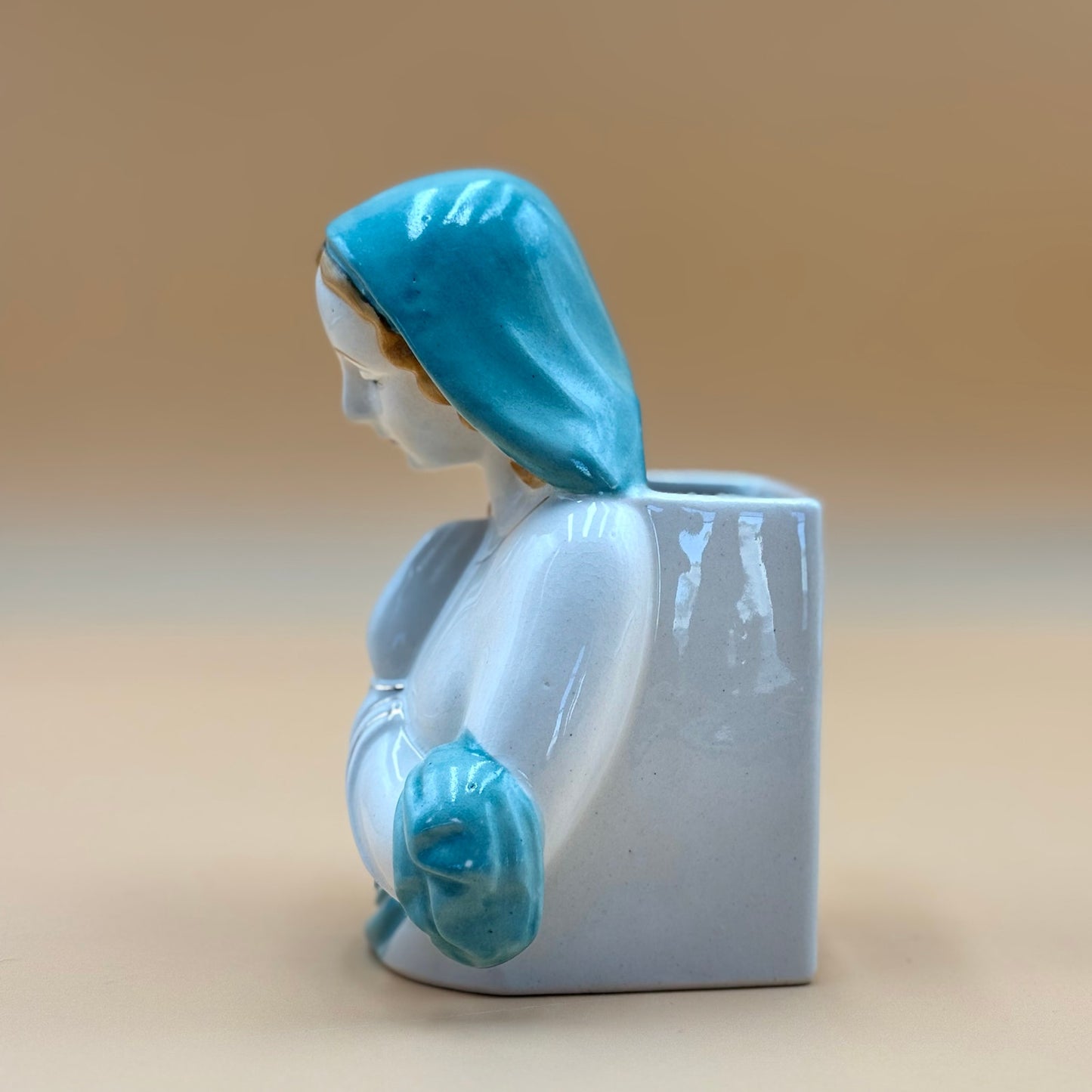 Hand Decorated Japan Virgin Mary Planter — Turquoise & White Ceramic