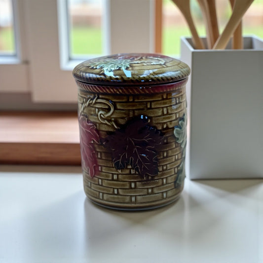 Vintage Embossed Ceramic Canister with Grapevine Design – Brown & Burgundy