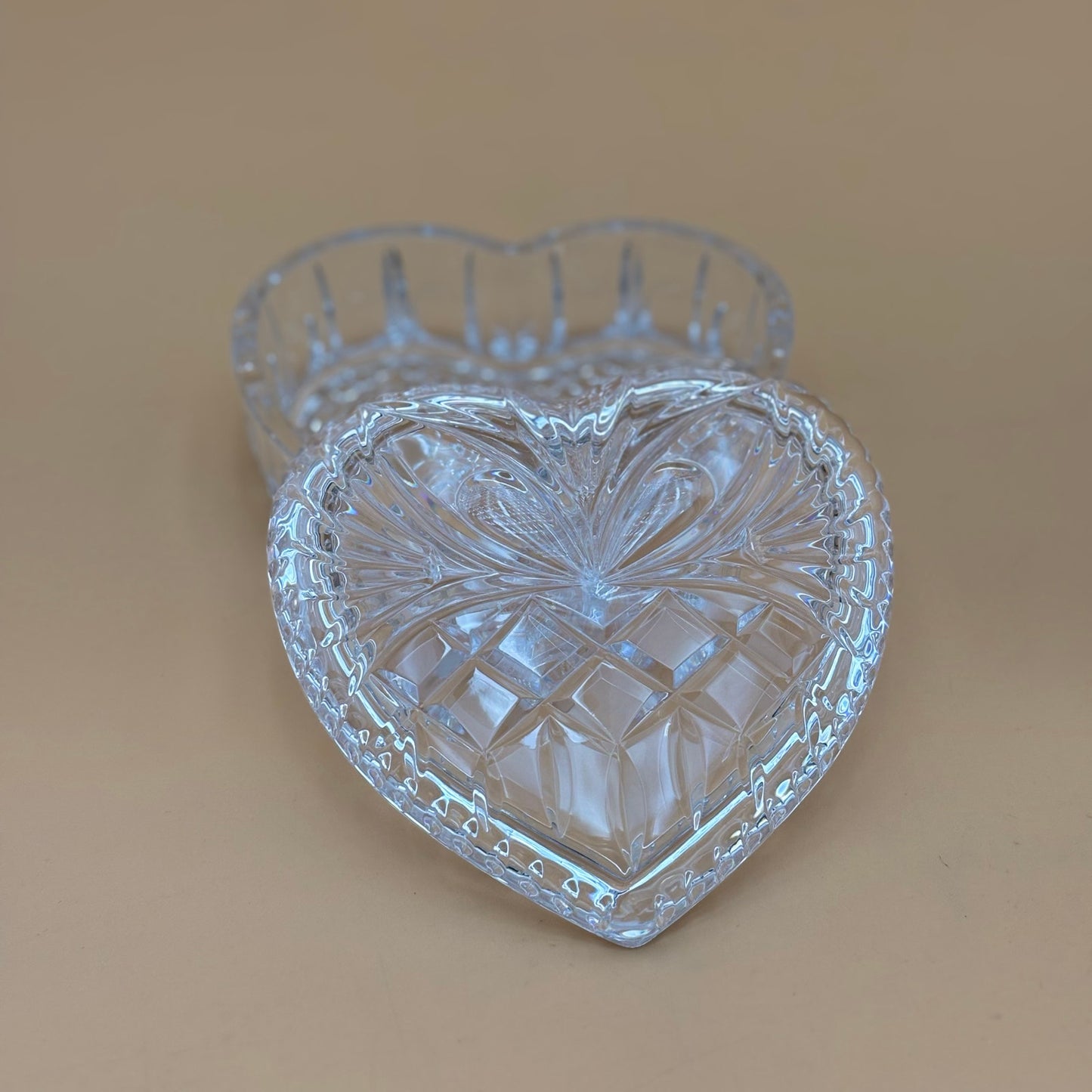 Vintage Cut Glass Heart Trinket Dish with Lid