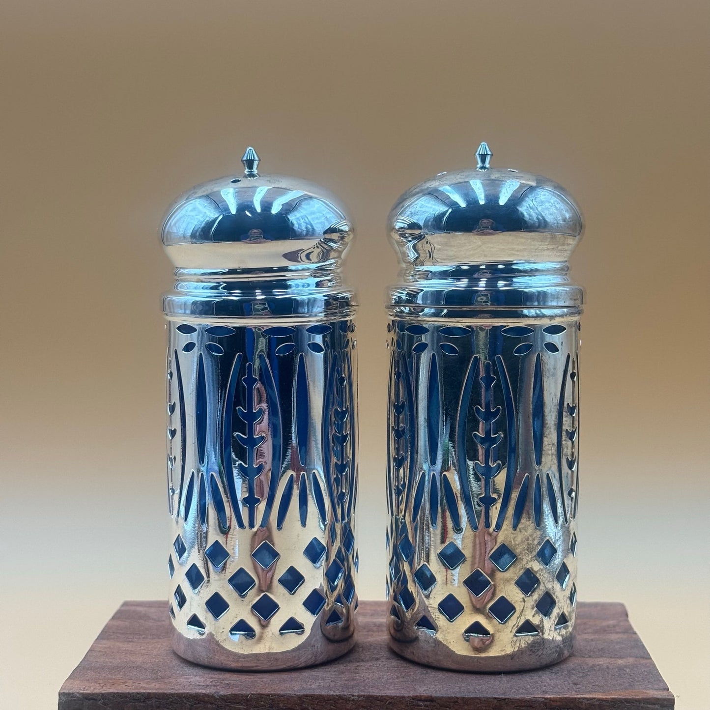 Sapphire Blue Glass Salt and Pepper Shakers with Silver Overlay
