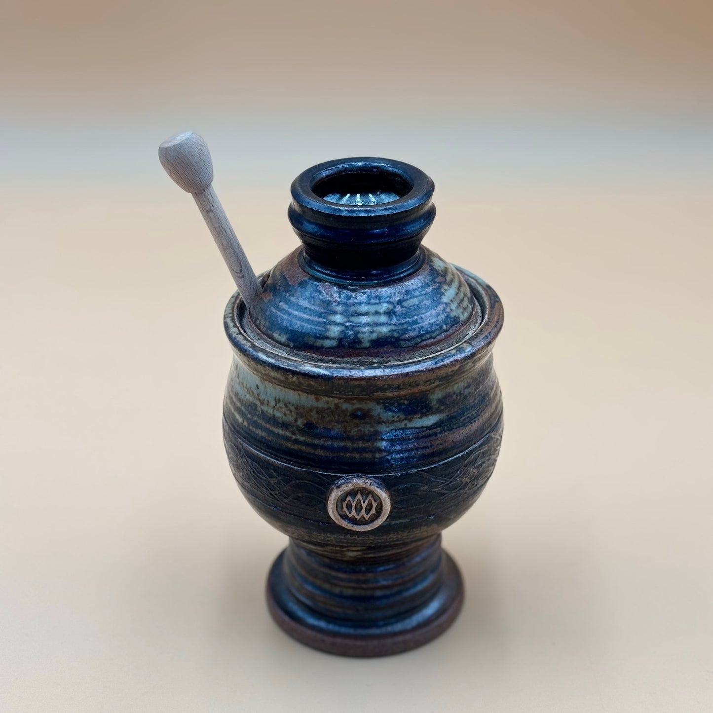 Studio Pottery Honey Jar with Dipper — Olive Green Earth Tone Glaze