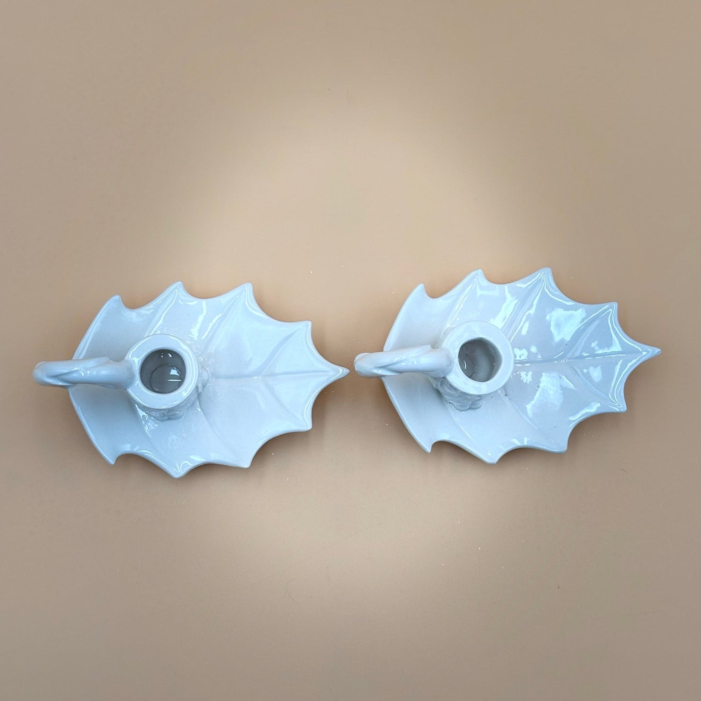 White Ceramic Holly Leaf Candlestick Holders – Pair