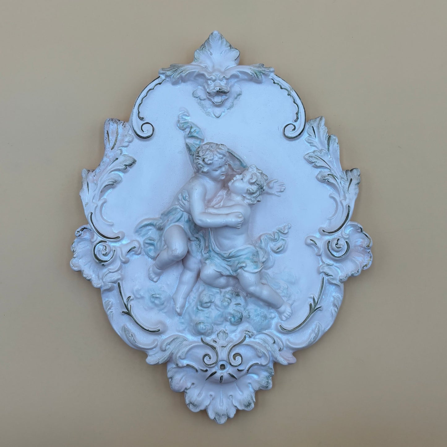 Pair of Alexander Backer Cherub Wall Plaques – Gilded Scrolls & Pastel Detail